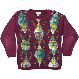 Vintage Casual Corner Floral Knit Sweater Large Burgundy 90s Grandma Cottagecore